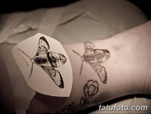 Фото, демонстрирующее эскиз татуировки мотылька рядом с уже нанесенным рисунком на коже, показывая процесс воплощения идеи.
